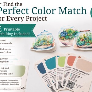 Puede incluir: Un sistema de muestras de color imprimible con 88 colores, que incluye tarjetas etiquetadas como Deep Ocean, Classic, Dusty y Warm Sand Beige. El conjunto contiene ilustraciones de terrarios en estilo acuarela, texto y c&oacute;digos QR.