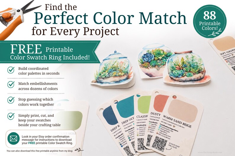 Puede incluir: Un sistema de muestras de color imprimible con 88 colores, que incluye tarjetas etiquetadas como Deep Ocean, Classic, Dusty y Warm Sand Beige. El conjunto contiene ilustraciones de terrarios en estilo acuarela, texto y c&oacute;digos QR.