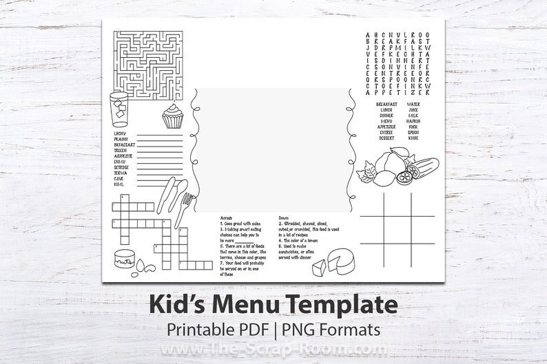 May include: A black and white printable kids menu template with a maze, crossword puzzle, word search, and tic-tac-toe game. The text "Kid's Menu Template" is at the bottom of the page.