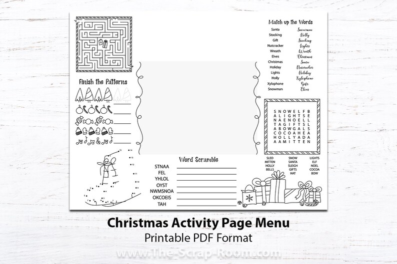 May include: A black and white printable Christmas activity page menu with a variety of activities including a maze, word scramble, connect the dots, and a word search. The text on the page reads "Christmas Activity Page Menu" and "Printable PDF Format".