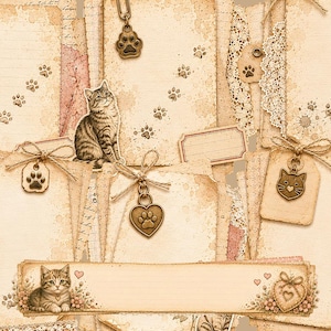 Pode incluir: Uma cole&ccedil;&atilde;o de papel estilo vintage com p&aacute;ginas bege pautadas e em branco, detalhes em renda e adornos com tema de gato. O conjunto inclui pingentes de metal em formato de pegadas e rostos de gato, al&eacute;m de la&ccedil;os de barbante decorativos.