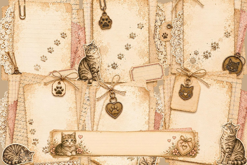 Pode incluir: Uma cole&ccedil;&atilde;o de papel estilo vintage com p&aacute;ginas bege pautadas e em branco, detalhes em renda e adornos com tema de gato. O conjunto inclui pingentes de metal em formato de pegadas e rostos de gato, al&eacute;m de la&ccedil;os de barbante decorativos.