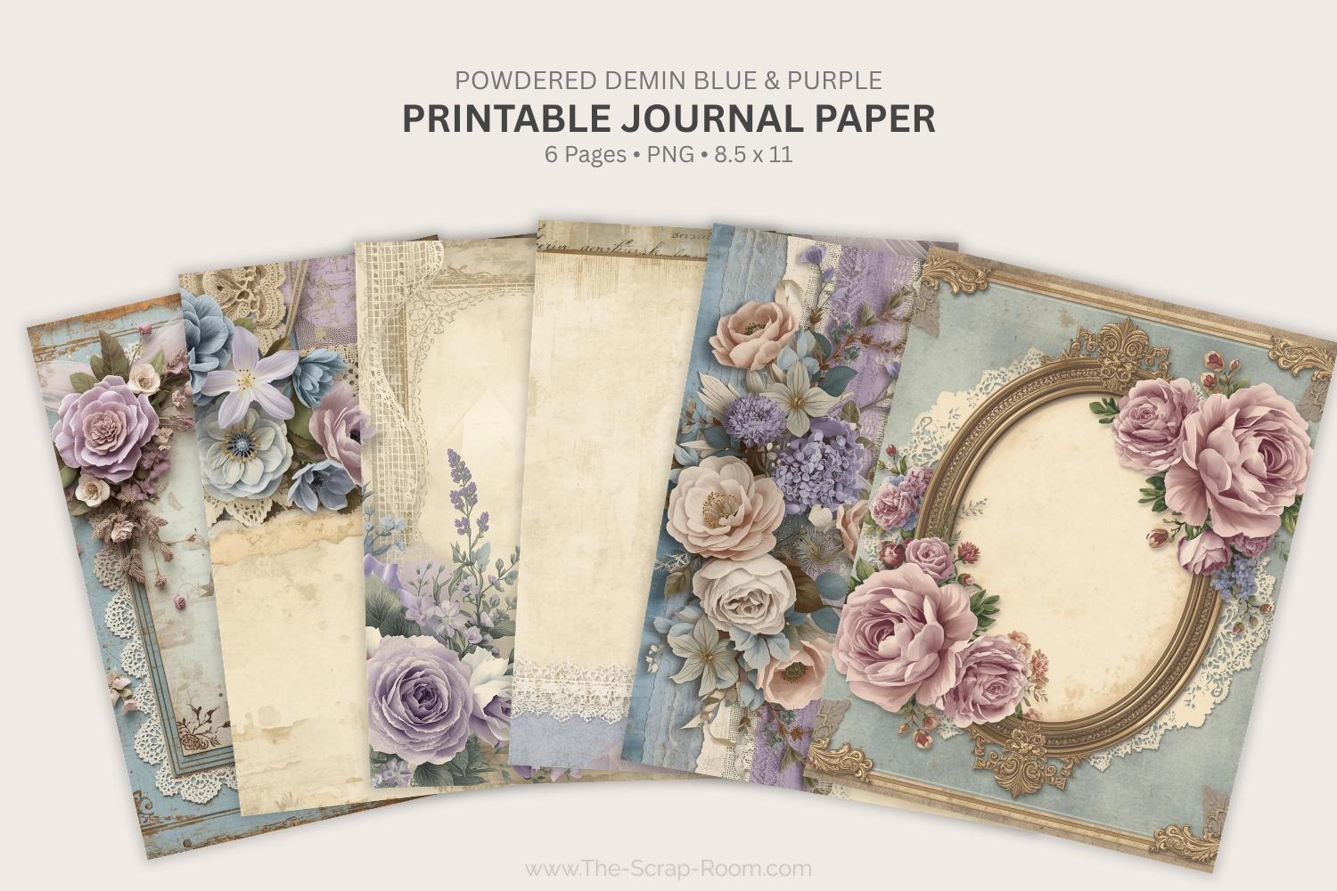Blue Floral Journal Paper Printable Junk Journal Pages Vintage ...