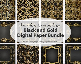 Black and Gold Digital Paper Pack, digital paper bundle