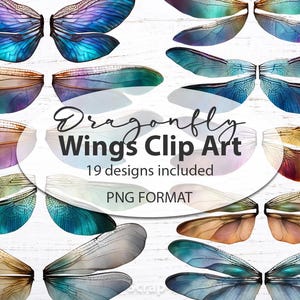 May include: 19 digital clip art images of dragonfly wings in various colours and patterns, including blue, green, purple, brown, and gold. The text "Dragonfly Wings Clip Art" and "19 designs included" is displayed on a white wood background. PNG format.