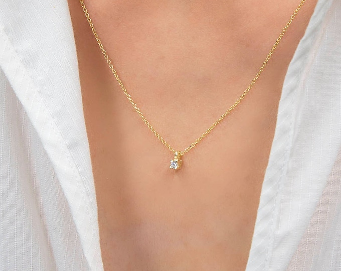 Solid Gold 14k Floating Necklace/ Minimalist Solitaire Necklace/ Diamond cut simulant Necklace/ Delicate Necklace/ Gold 4 Prong Necklace