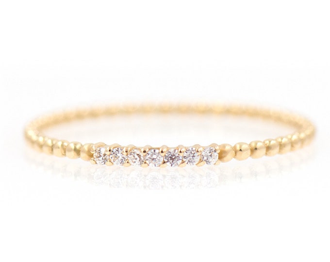 Diamond Ring, Thin Diamond Ring, Solid Gold Thin Ring, Gold Beaded Ring, Diamond Stacking Ring, Gold Ring with Diamonds, Ultra Thin 14k Ring