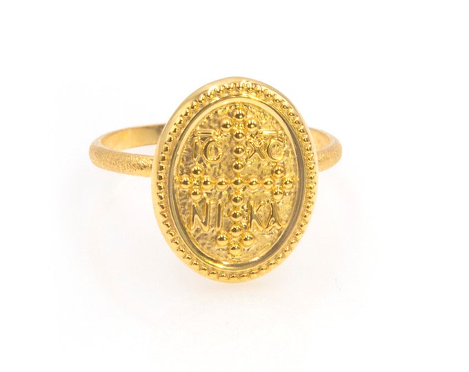 Gold Coin Ring, Christian Ring, Greek Christian Ring, Solid Gold Oval Coin Ring, Byzantine Cross Ring, Orthodox Gold Coin Ring, 14K GoldRing