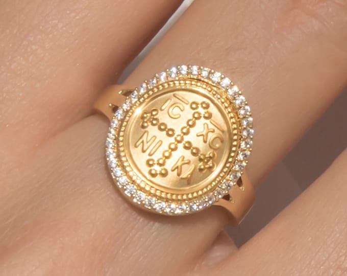 14k Gold Coin Ring, Christian Ring, Greek Christian Ring, Solid Gold Coin Ring, Byzantine Cross Ring, Orthodox Gold Coin Ring, 14K Gold Ring