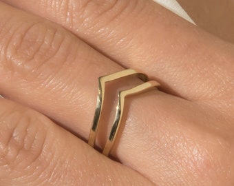 Chevron Double V Ring, Solid Gold K14, Knuckle Ring, Stacking Ring, Minimalist Ring, Wishbone Ring, Statement Ring, Dainty Ring, Mother Gift