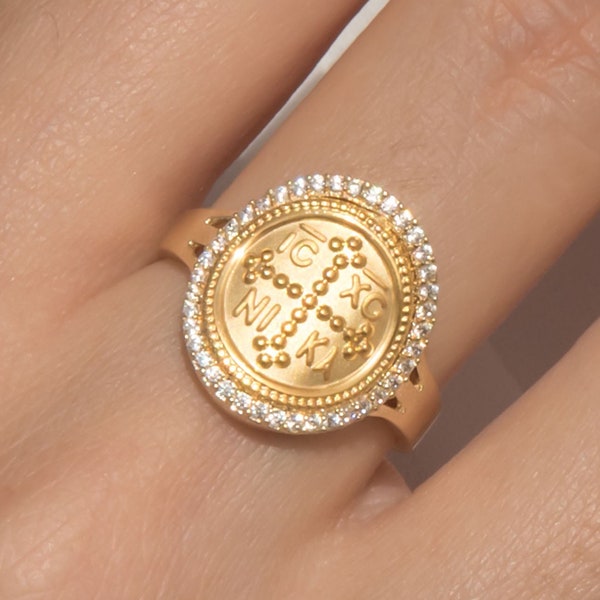 Christlicher Kreuz-Münzring, griechischer christlicher Ring, massives Gold K14, byzantinischer Kreuzring, orthodoxer Münzring, religiöser Ring, Schutzgeschenk