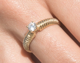 14k Solid Gold Solitaire Ribbed Ring, Gold Charlotte One Stone Ribbed Ring, Unique Engagement Ring, Statement Real Gold Ring, Ribbed Band