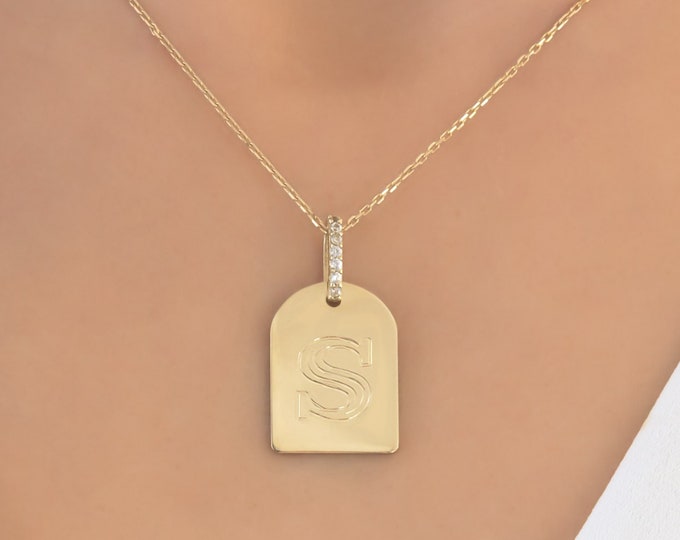 Solid Gold Tag Necklace, 14k Gold  ID Necklace, Gold Pendant Necklace, Personalized Pendant Necklace, Monogram Pendant, Personalized Gift