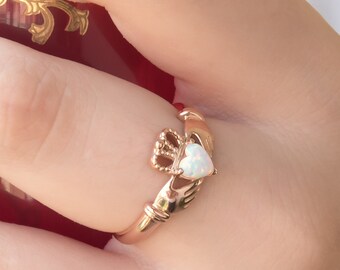 Claddagh Ring, Opal Ring, Claddagh Gold Ring, Celtic Knot Ring, Irish Crown Heart Ring, Opal Heart Ring