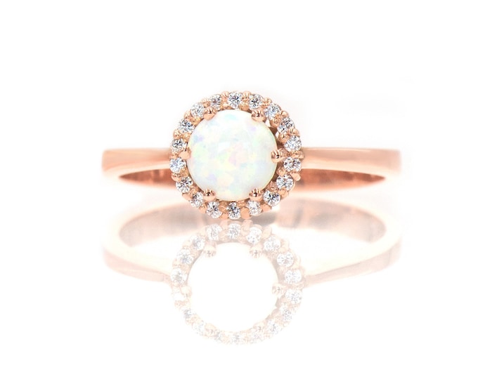 White Opal Ring, Gold Opal Ring, Fire Opal Ring, Circle Opal ring, Australian Opal Ring, Opal Engagement Ring, Round Halo Ring, Opal Ring