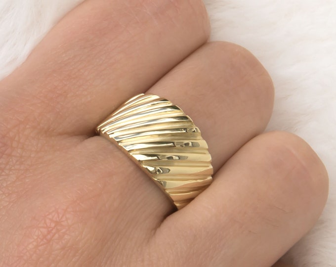 14k Solid Gold Wide Ribbed Band Ring, Gold Charlotte Ribbed Ring, L14k Gold Large Ribbed Ring, Statement Real Gold Ring, Wide Band Ring
