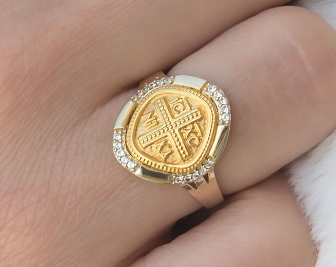 14k Gold Rhombus Shaped Christian Ring, Orthodox Cross Ring, Greek Christian Ring, 14k Gold Ring, Byzantine Cross Ring, Orthodox Gold Ring