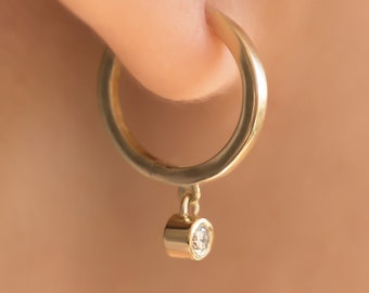 14K Gold Double Sided Circle Charm Hoop Earrings, Gold Diamond Huggies, Minimalistic Hanging Earrings, 14k Circle Charm Earrings, Huggies