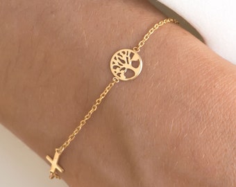 Tree of Life Chain Bracelet, Cross Chain Bracelet, Solid Gold K14 Bracelet, Family Bracelet, Dainty Chain, Delicate bracelet, Mother's Gift