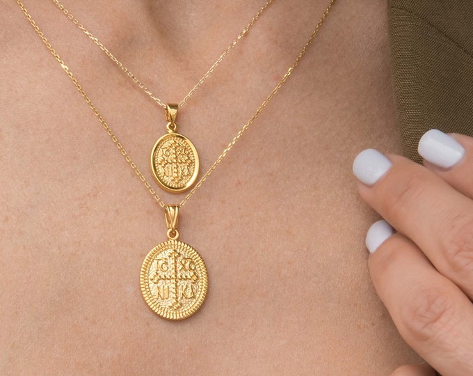 Christian Necklace, Solid Gold 14k Greek Christian Necklace, Oval Charm Byzantine Cross Pendant, Orthodox Gold 14k Coin, Protection Gift