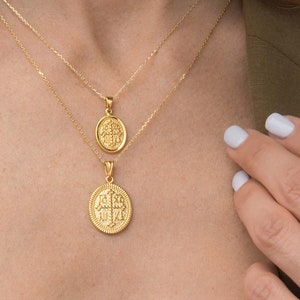 Christian Coin Necklace, Solid Gold 14k, Greek Necklace, Byzantine Pendant, Newborn Necklace, New Mother Necklace, Protection Baptim Gift