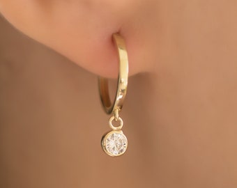 14K Gold Simulated Diamond Circle Charm Hoop Earrings, Gold CZ Huggies, Minimalistic Hanging Earrings, 14k Circle Charm Earrings, Huggies