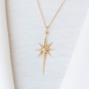 North Star Necklace, 14k Solid Gold, Celestial Diamond Necklace, Statement Necklace Starburst Pendant, North Star Pendant, Anniversary Gift