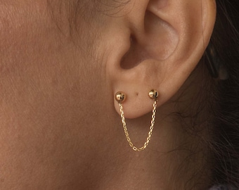Solid Gold 14k Double Piercing Earring, Gold Chain Ball Earrings, Two Hole Earring, Layering Earring, Double Lobe Earring,Two Way Earrings