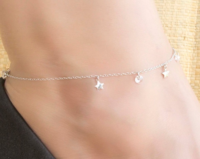 Silver Anklet, Hanging Charm Anklet, Anklet Bracelet, Star Anklet, Anklet with many Charms, Foot Jewelry, Beach Jewelry, Lucky Charm Anklet