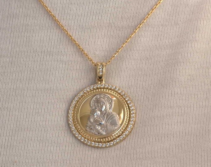 14k Gold Madonna Necklace, Gold Christian Charm, Virgin Mary Circle Religious Pendant, Mother of God Pendant, Miraculous Christian Necklace