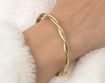 Pulsera ovalada trenzada de oro, pulsera de oro retorcido, pulsera de oro macizo de 14k, brazalete apilable, pulsera clásica, brazalete vintage de oro real de 14k