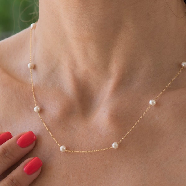 Floating White Pearls Necklace, Solid Gold K14, Wedding Necklace, Station Pearl Necklace, Bridal Jewelry, Romantic Necklace, Bridesmaid Gift