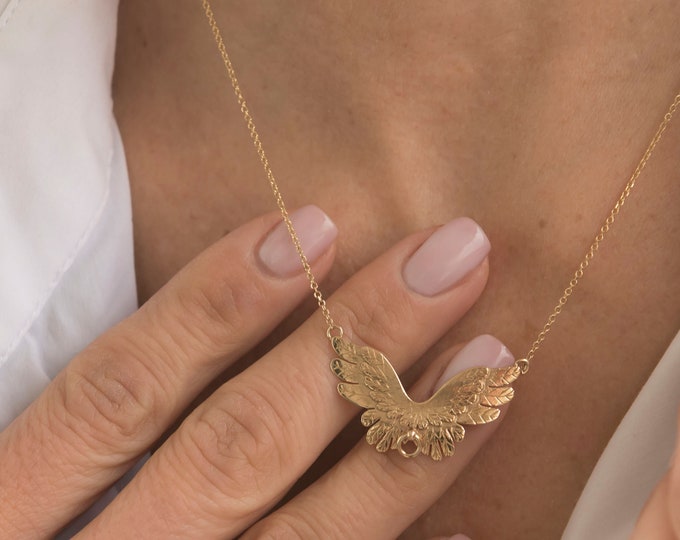 Angel Wings Necklace, 14k Gold Feathers Necklace, Real Gold Wings, Guardian Angel Necklace, Wing Necklace, Memorial Jewelry, Angel Wings
