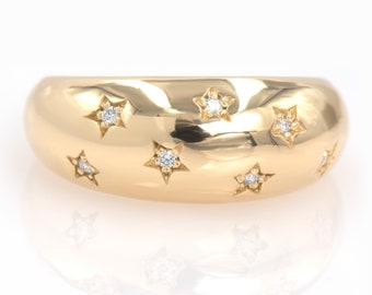 Diamond North Star Ring, 14k Solid Gold Starburst Ring, Gold Chunky Ring, Gold Dome Ring, Celestial Jewelry, Gold Star Ring, Mothers Gift