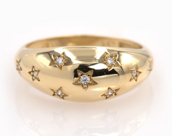 Diamond Starburst Ring/ Diamond North Star Ring/ 14k Gold Dome Ring / Dome Ring Gold / Cz Gold Ring / 14k Gold Dome Star Diamonds Ring