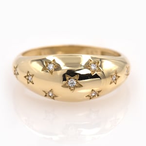 Diamond Starburst Ring, Solid Gold K14,  Diamond North Star Ring, Dome Ring, Stacking Ring, Statement Ring, Bold Gold Ring, Anniversary Gift