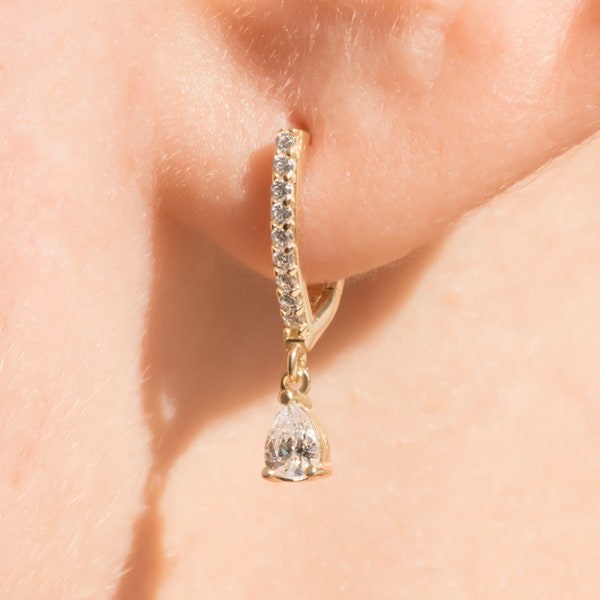 Drop Pear Hoop Earrings, 14K Solid Gold,  Pear Shapped Dangling Charm, Bridal Earrings, Cz Hoops, Delicate Gold  Earrings, Bridesmaid Gift