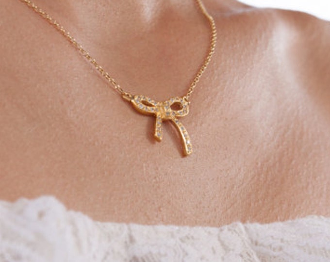 Bow necklace, Gold Bow Necklace, Rhinestone Bow, 14K Gold Bow, Tie Ribbon Necklace, Bridesmaid Necklace, Gemstone Bow, Valentine's Day Gift