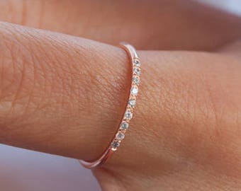 Gold Diamond Band Ring, Diamond Wedding Band, Engagement Ring, Thin Wedding Band, Dainty Stacking Ring, Solid Gold K14 Minimalist Ring