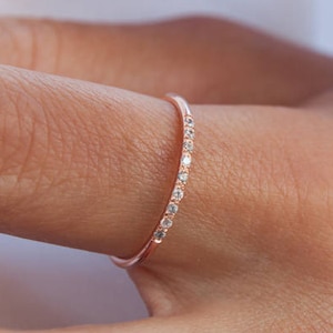 Gold Diamond Band Ring, Diamond Wedding Band, Engagement Ring, Thin Wedding Band, Dainty Stacking Ring, Solid Gold K14 Minimalist Ring