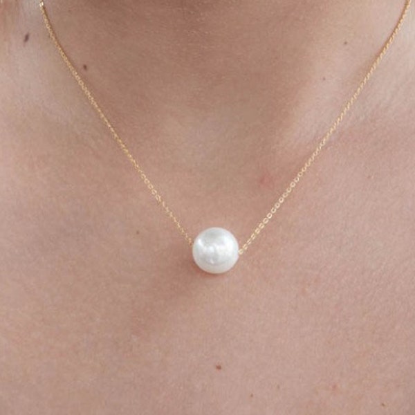 Pearl Necklace, 14k Solid Gold Pearl Necklace, Floating Pearl Necklace, Dainty Bride Necklace, Minimalist Gold Necklace, Bridesmaid Gift