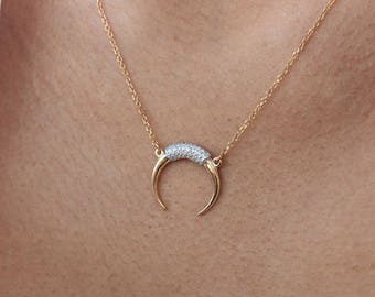 Diamonds Necklace, Gold Horn Necklace, Double Horn Necklace, Moon Necklace, Crescent Moon Necklace, Diamond Horn Necklace, Tusk Pendant