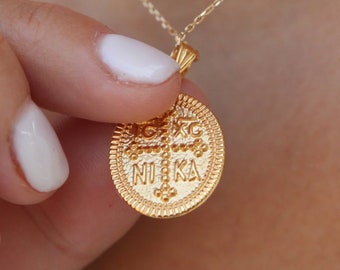 Greek Christian Gold Necklace, Oval Byzantine Cross Coin Necklace, Orthodox Solid Gold 14k Coin,  Baptism Jewelry, Newborn Protection Gift