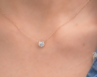 Diamond Solitaire Necklace, Floating Diamond Necklace, Minimalist Chain, Dainty Necklace, Solid Gold K14, Bridal jewlery, Bridesmaid Gift