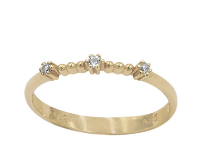 Thin Diamond Ring, Thin Ring, Gold Beaded Ring, Diamond Stacking Ring, Thin Dot Ring with Diamonds, 14k Gold Ring, Dainty Gold Ring