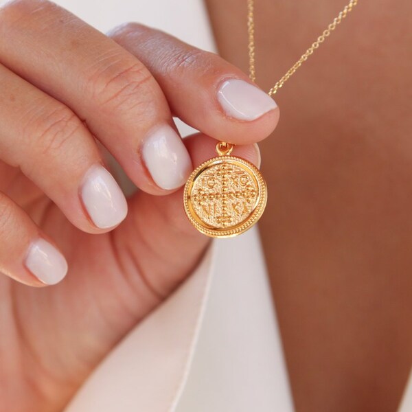 Christian Necklace, Greek Christian Necklace, Solid Gold 14k Coin, Byzantine Cross Charm, Orthodox Baptism Necklace, Minimalist Greek Coin