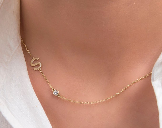 Initial Necklace, Sideways Initial Letter, 14k Gold Asymmetrical Initial and Bezel Zirconia Necklace, Gold Monogram, Initial Letter