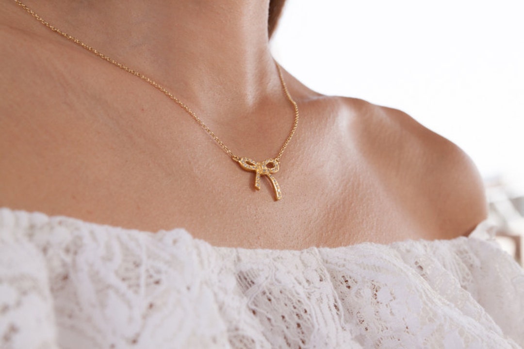 Bow Necklace, Gold Bow Necklace, Rhinestone Bow, 14K Gold Bow, Tie ...