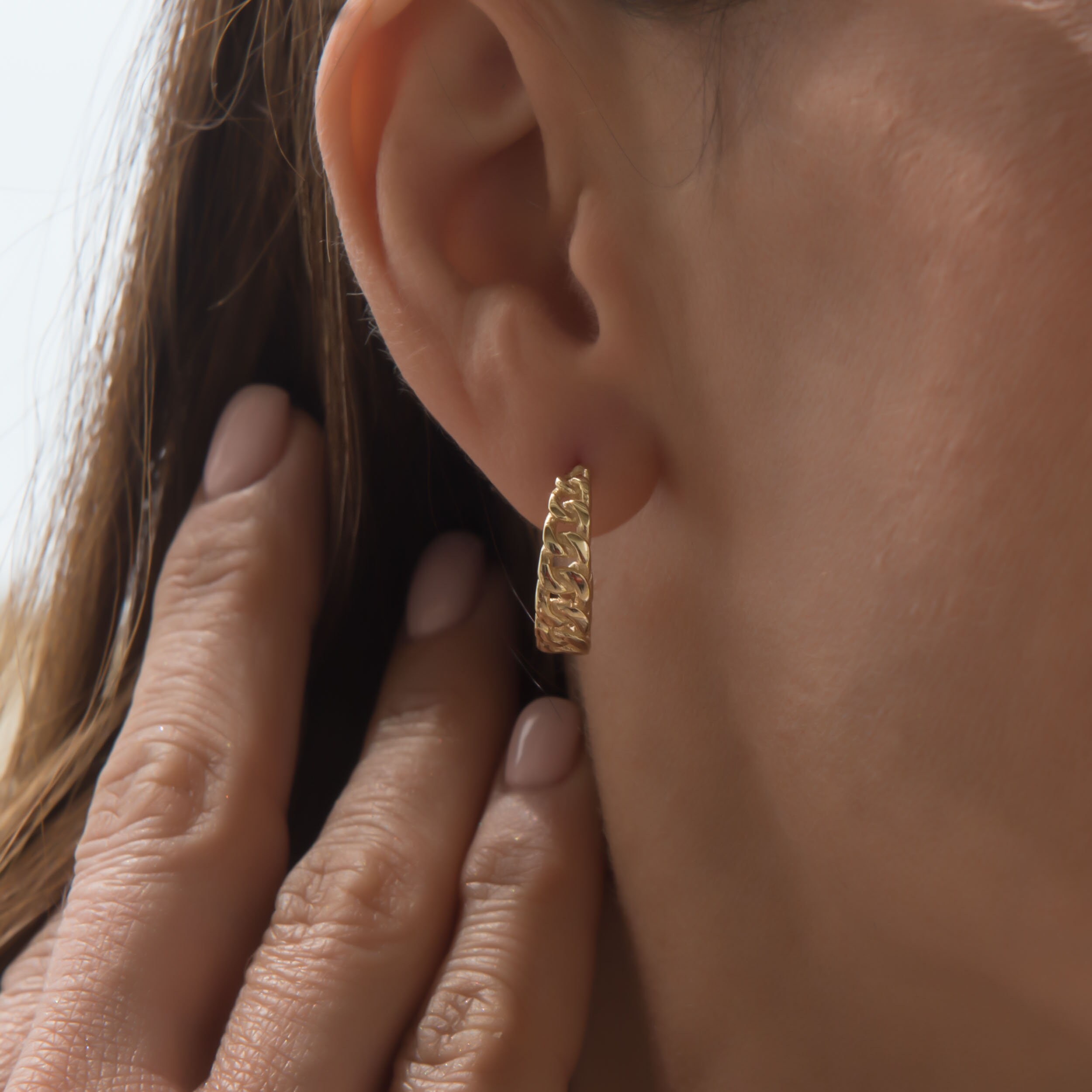 Gold Chain Half Hoop Earrings, 14k Gold Chunky Chain Earrings, Gold