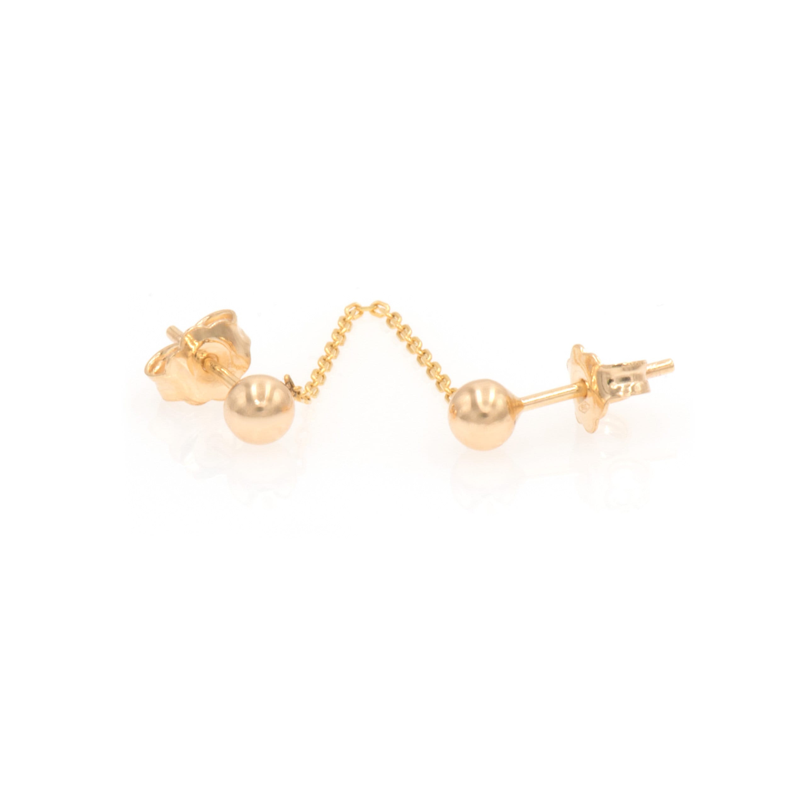 Solid Gold 14k Double Piercing Earring, Gold Chain Ball Earrings, Two